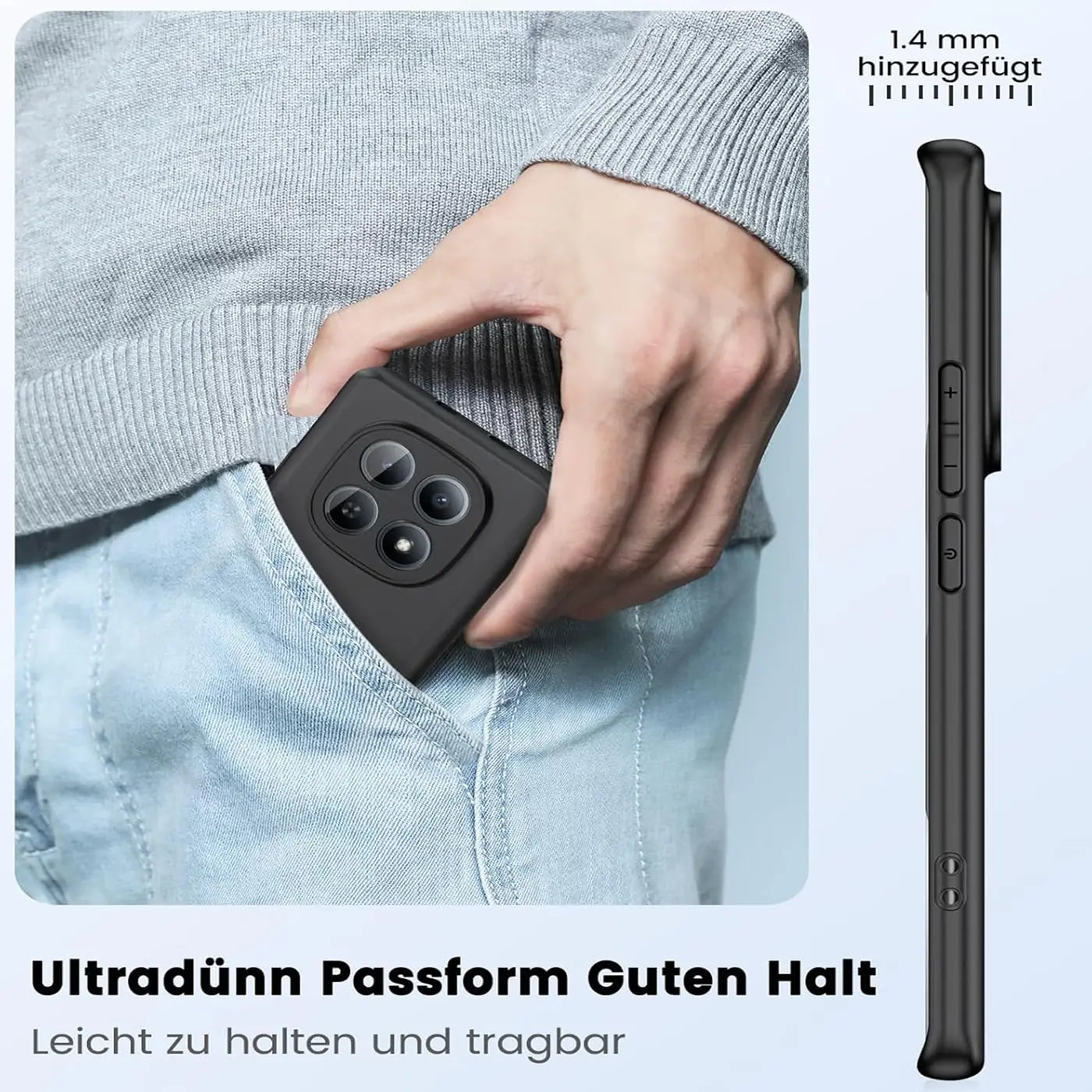 Schwarze Silikonhülle für Xiaomi Redmi Note 15 5G, von vorne und seitlich gezeigt