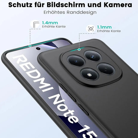 Schwarze Silikonhülle auf Xiaomi Redmi Note 15 Pro 4G, Nahaufnahme, Rückseite mit Kameras