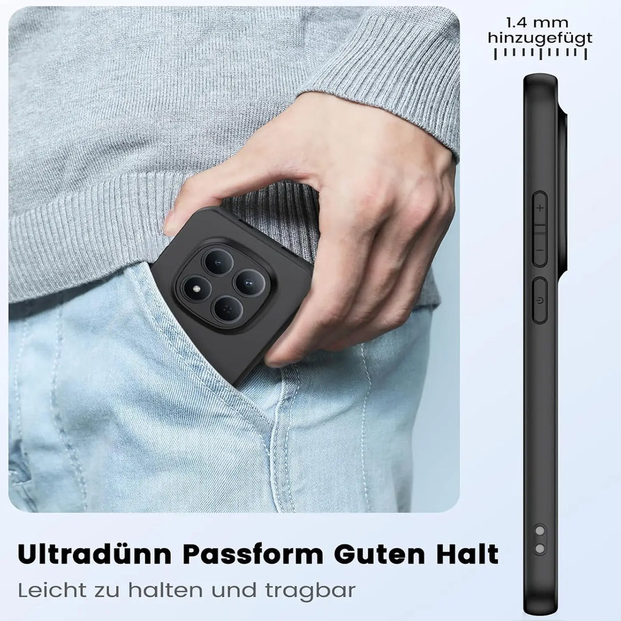 Schwarze Slim-Silikonhülle für Xiaomi Redmi Note 15 Pro 4G, von vorne in Hosentasche gesteckt.