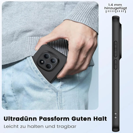 Schwarze Slim-Silikonhülle für Xiaomi Redmi Note 15 Pro 4G, von vorne in Hosentasche gesteckt.