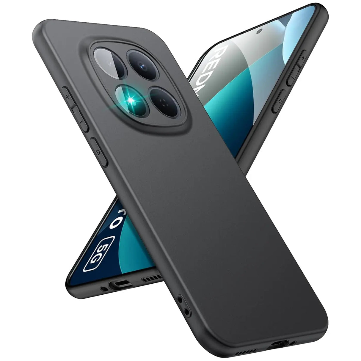 Schwarze matte Silikonhülle für Xiaomi Redmi Note 15 Pro 5G, Rückansicht, schräg