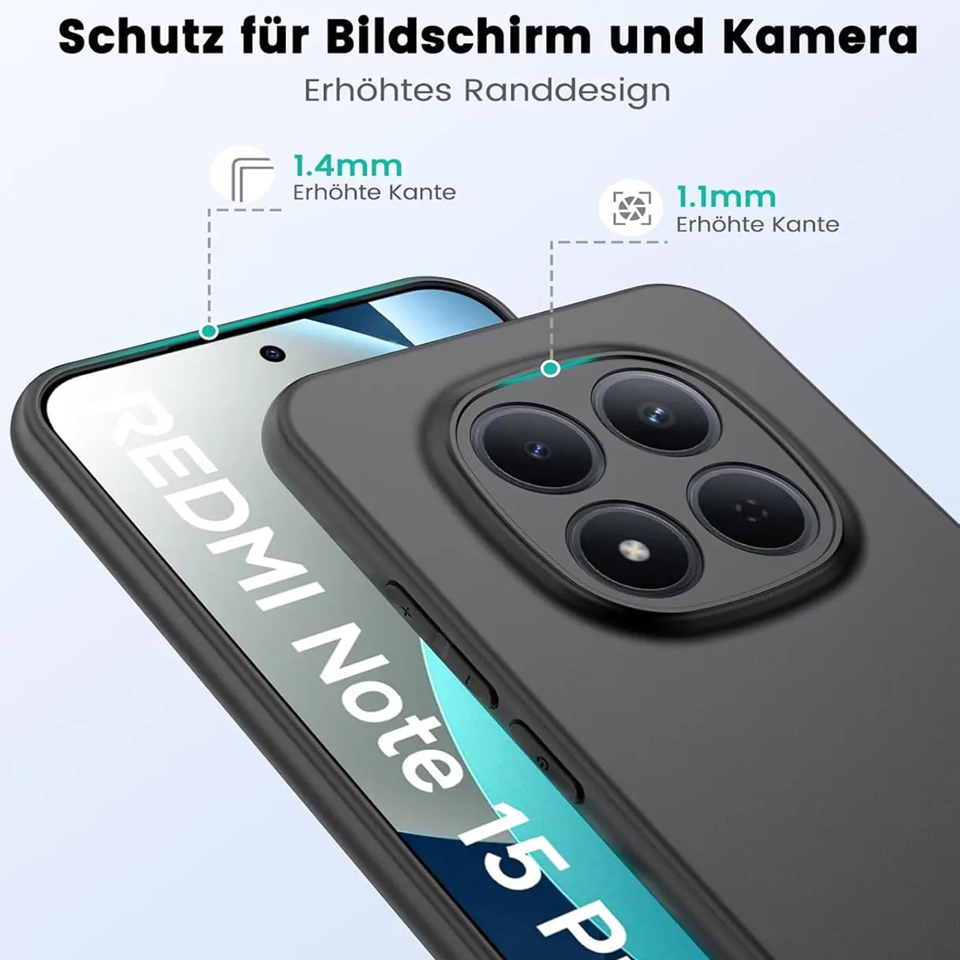 Schwarze Silikonhülle auf Xiaomi Redmi Note 15 Pro 5G, Rückansicht mit Kamera, Nahaufnahme