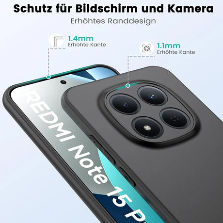 Schwarze Silikonhülle auf Xiaomi Redmi Note 15 Pro 5G, Rückansicht mit Kamera, Nahaufnahme