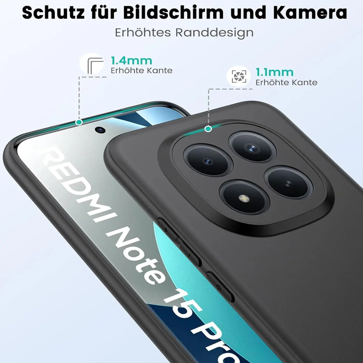 Schwarze Silikonhülle auf Xiaomi Redmi Note 15 Pro+. Nahaufnahme, Rückseite.