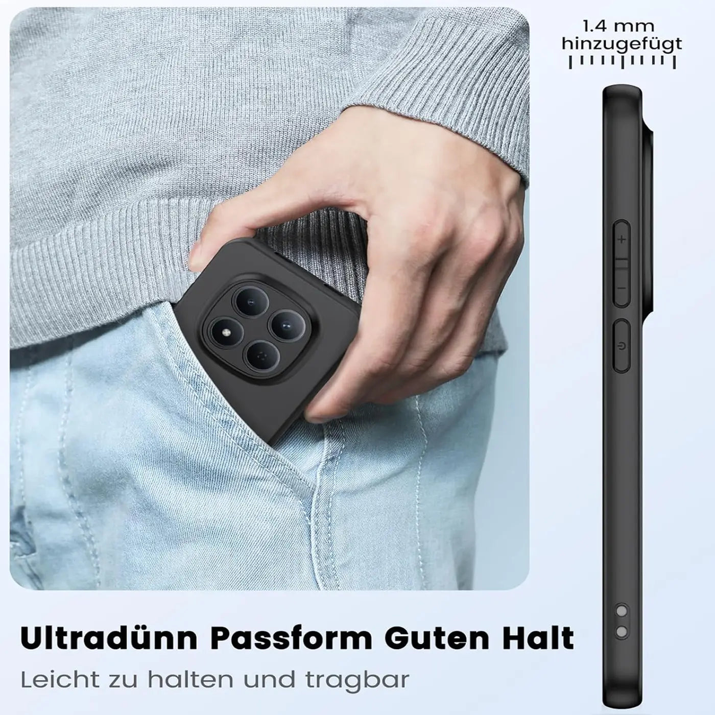 Schwarze Silikonhülle für Xiaomi Redmi Note 15 Pro+ 5G, Rückansicht, in Hosentasche gesteckt.