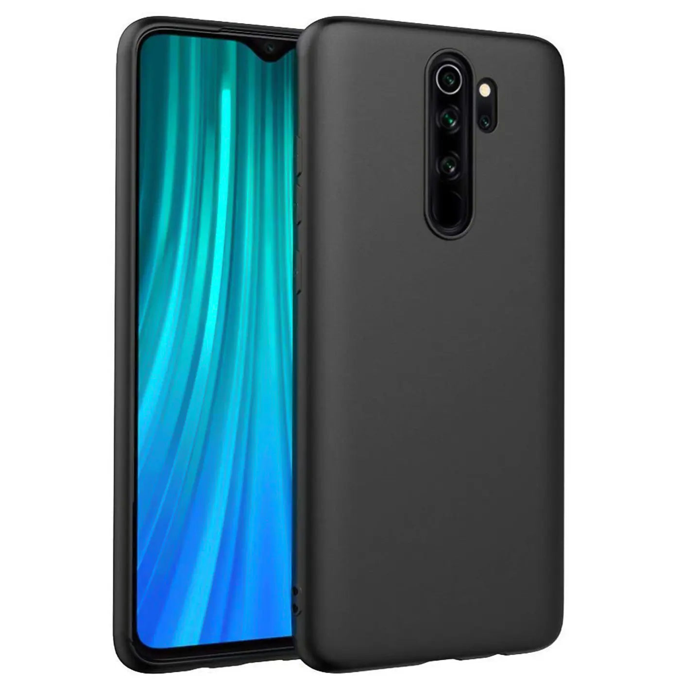 Schwarze Silikonhülle matt, Rückansicht, Xiaomi Redmi Note 8 Pro mit Display