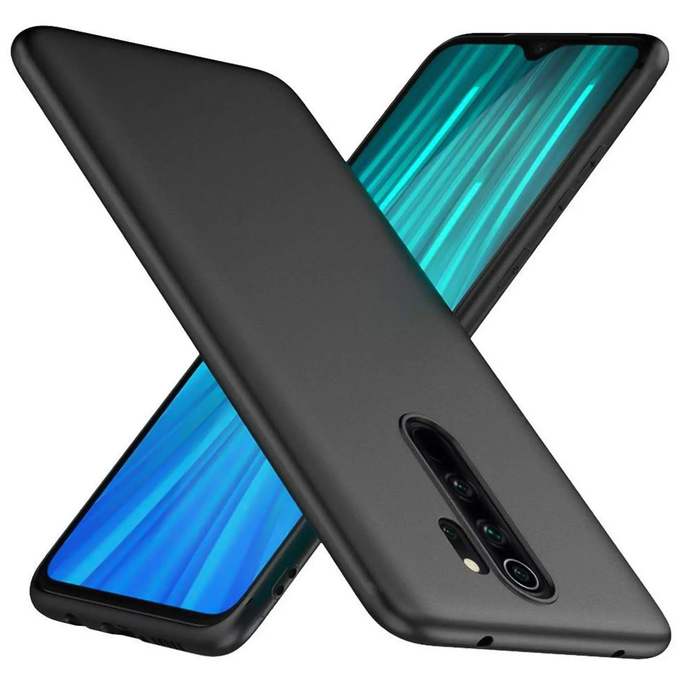 Schwarze, matte Silikonhülle für Xiaomi Redmi Note 8 Pro, von schräg oben fotografiert.