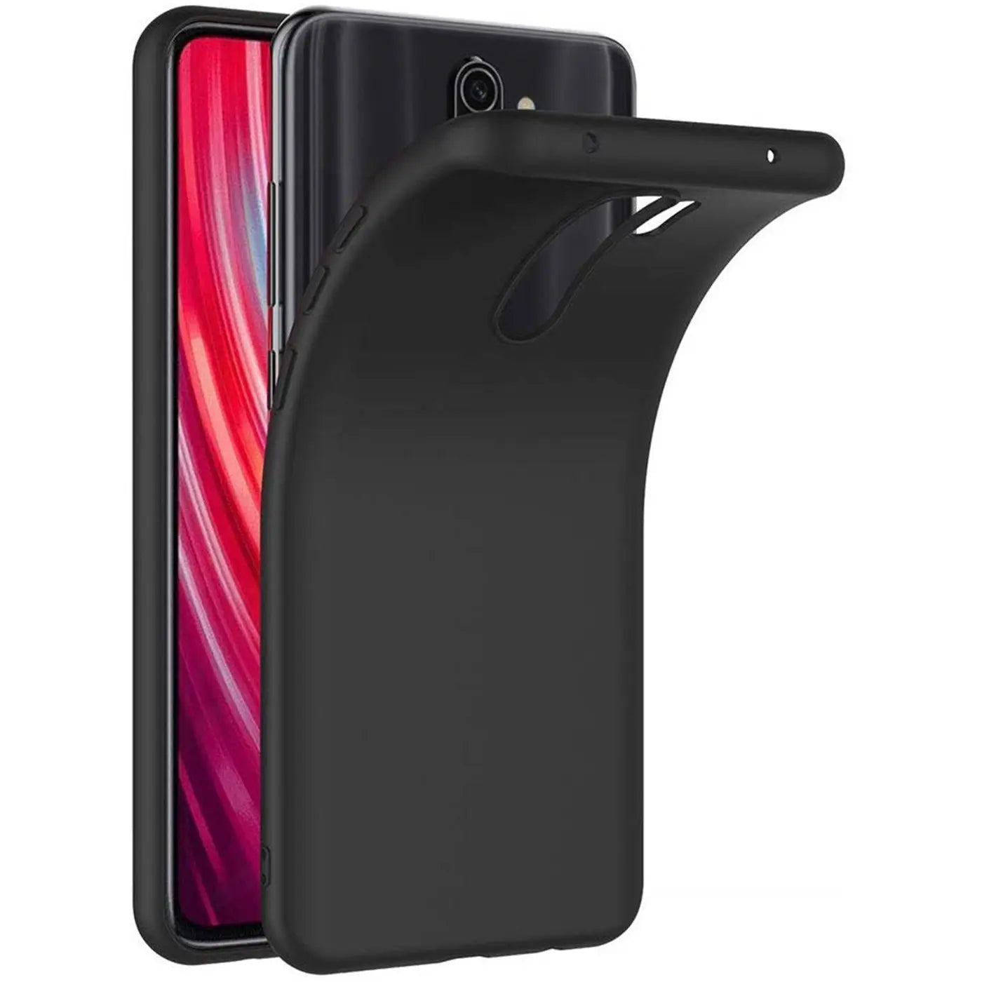 Schwarze, matte Silikonhülle, die sich um ein Xiaomi Redmi Note 8 Pro schmiegt. Von schräg oben.