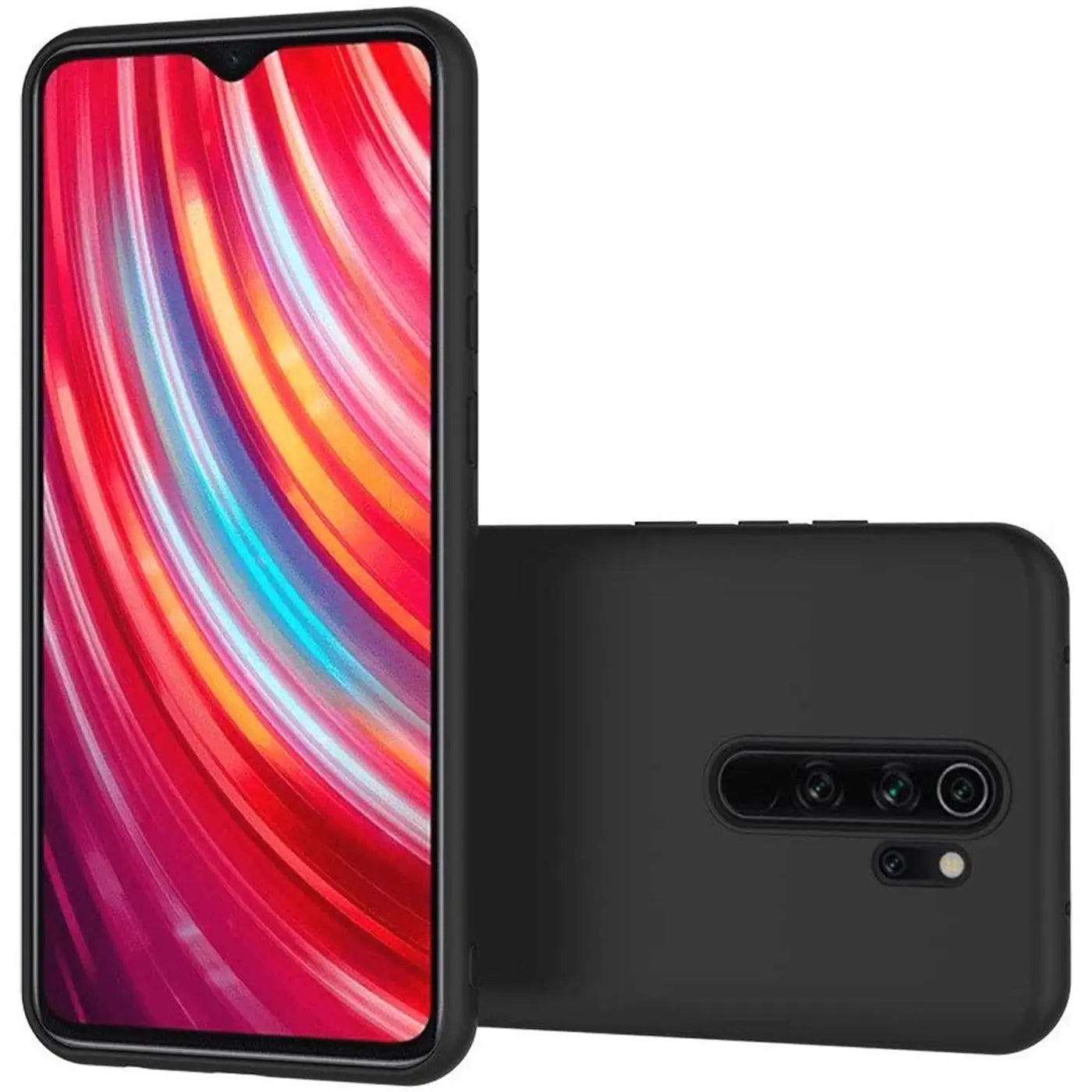 Schwarze Silikonhülle, matt, von hinten und vorne gezeigt, für Xiaomi Redmi Note 8 Pro.