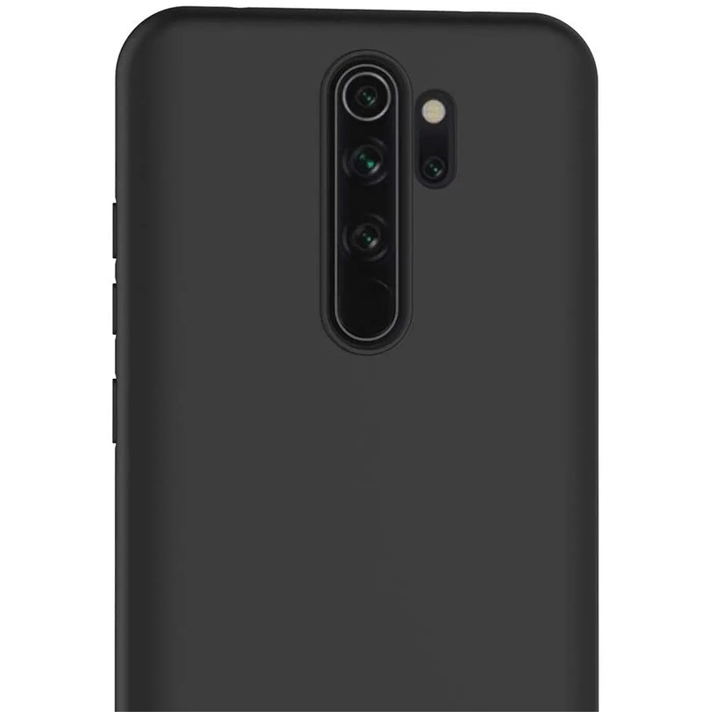 Schwarze matte Silikonhülle, Rückansicht, Xiaomi Redmi Note 8 Pro mit Kamera.