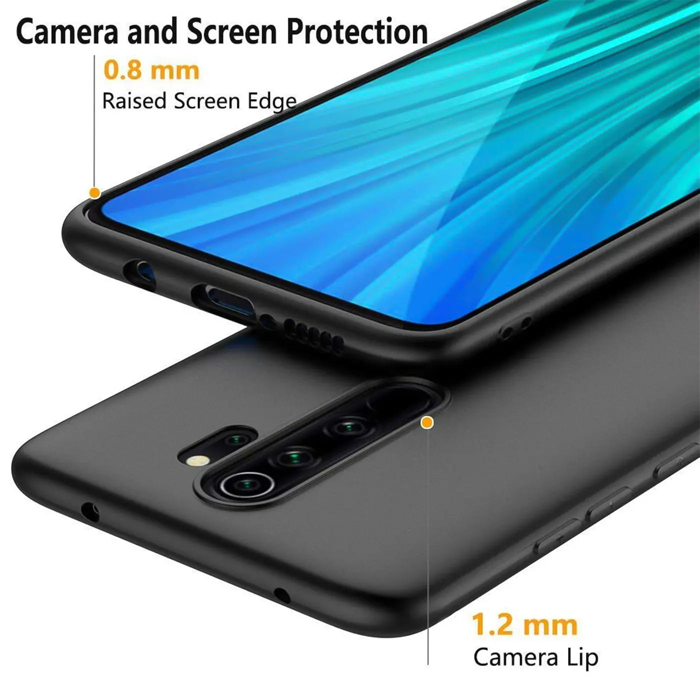 Schwarze Silikonhülle für Xiaomi Redmi Note 8 Pro, von oben/seitlich, matt.