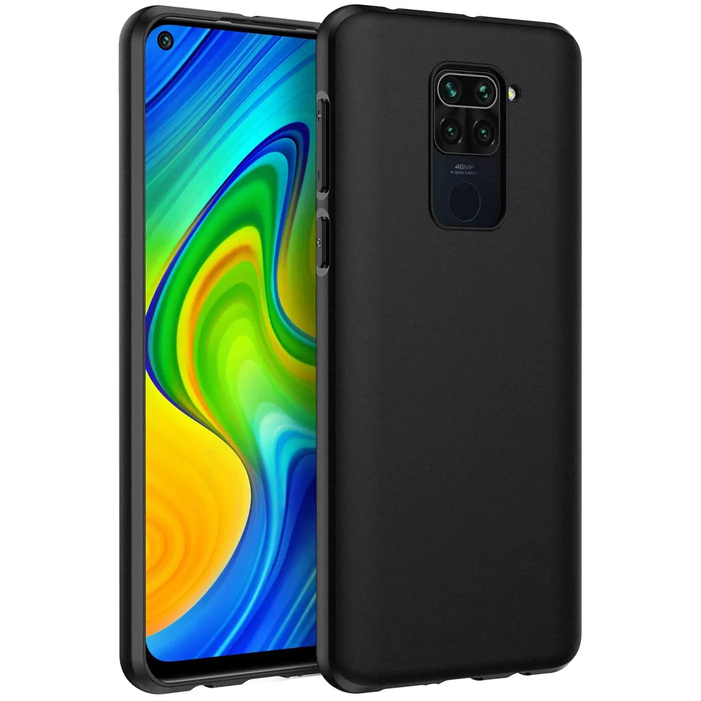 Schwarze matte Silikonhülle auf einem Xiaomi Redmi Note 9, von schräg vorne