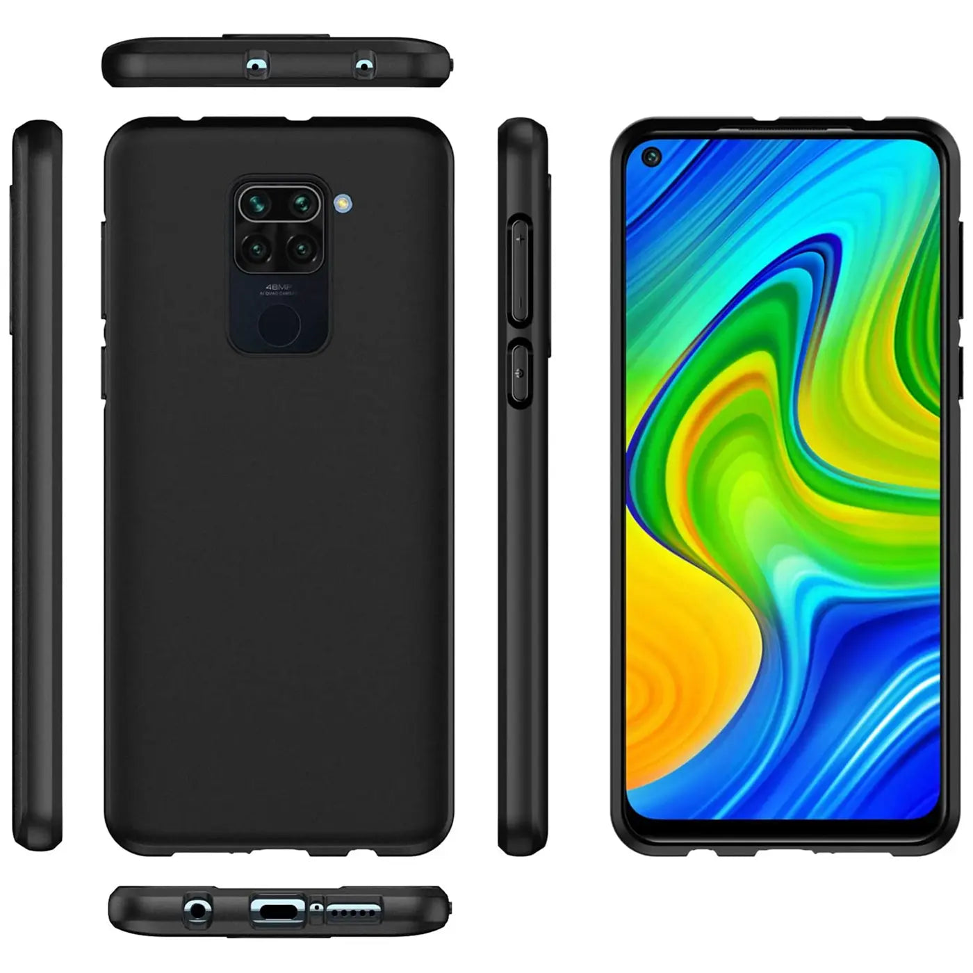 Schwarze Silikonhülle, matt, verschiedene Ansichten, Xiaomi Redmi Note 9