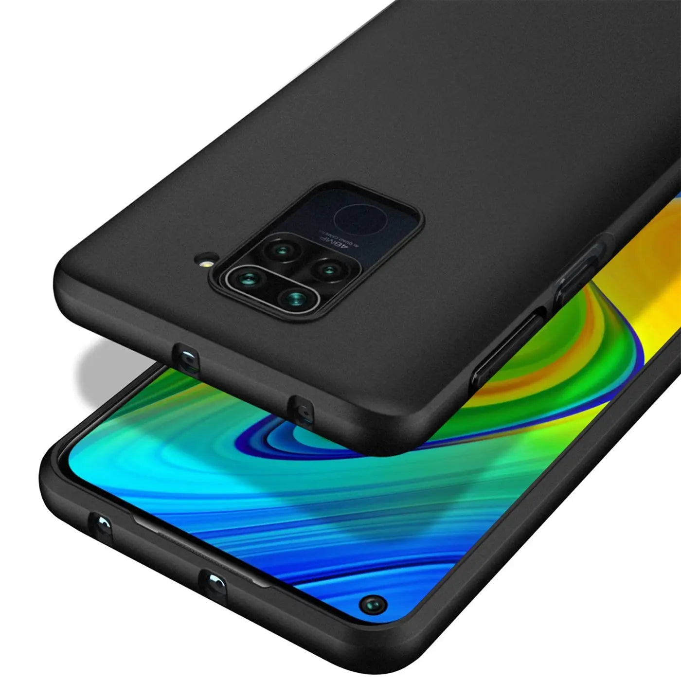 Schwarze matte Silikonhülle auf Xiaomi Redmi Note 9, Seitenansicht.