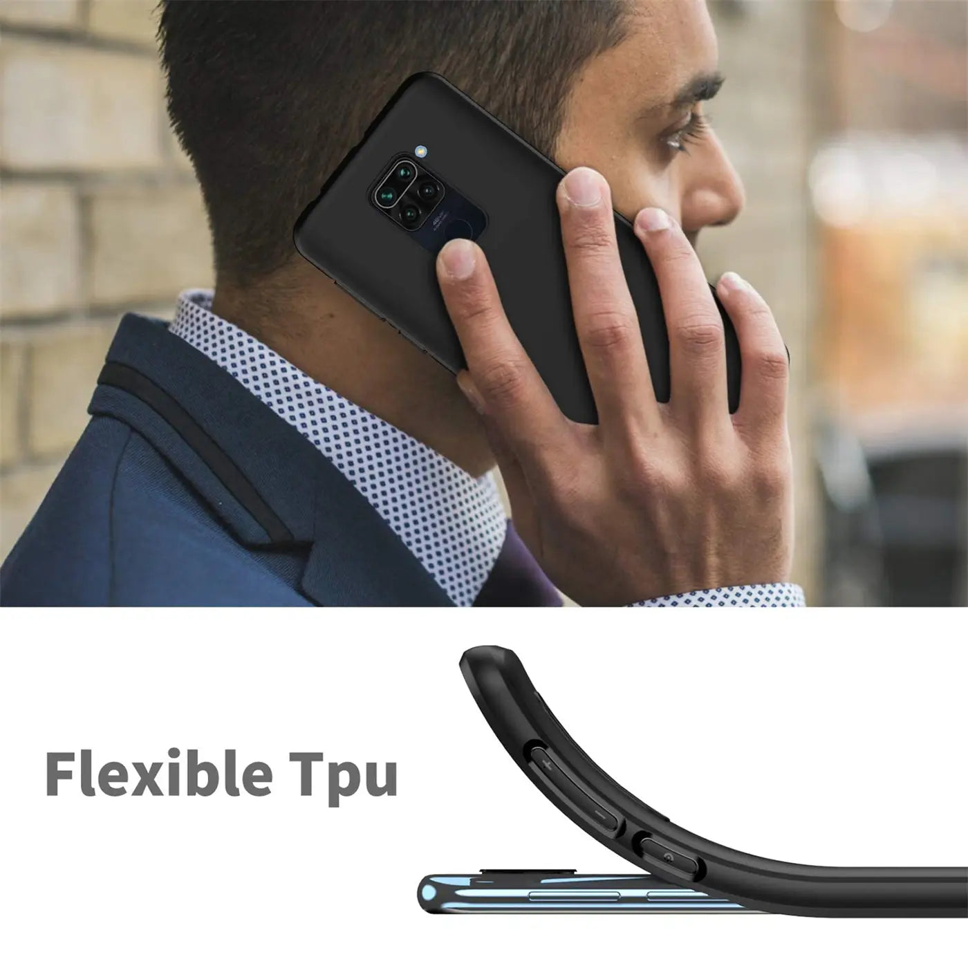 Schwarze, matte Silikonhülle am Xiaomi Redmi Note 9, Seitenansicht.