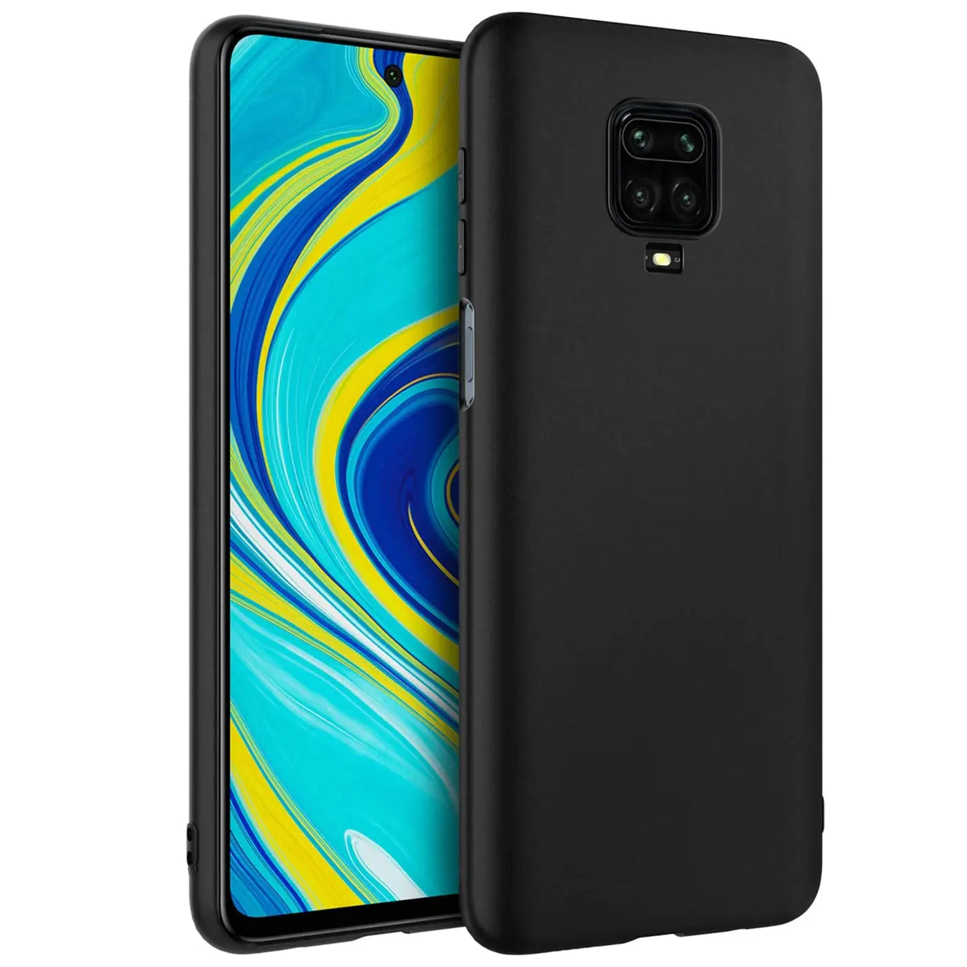 Schwarze Silikonhülle mit mattem Finish, zeigt Rückseite und Seite eines Xiaomi Redmi Note 9 Pro/9S.