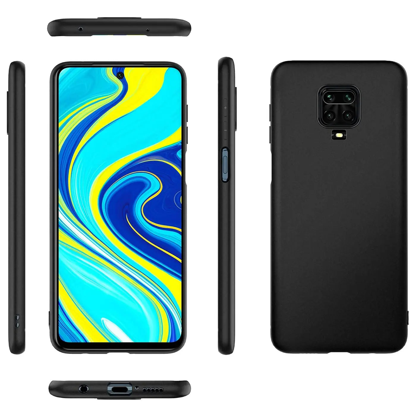 Schwarze Silikonhülle für Xiaomi Redmi Note 9 Pro/9S, matt, verschiedene Ansichten