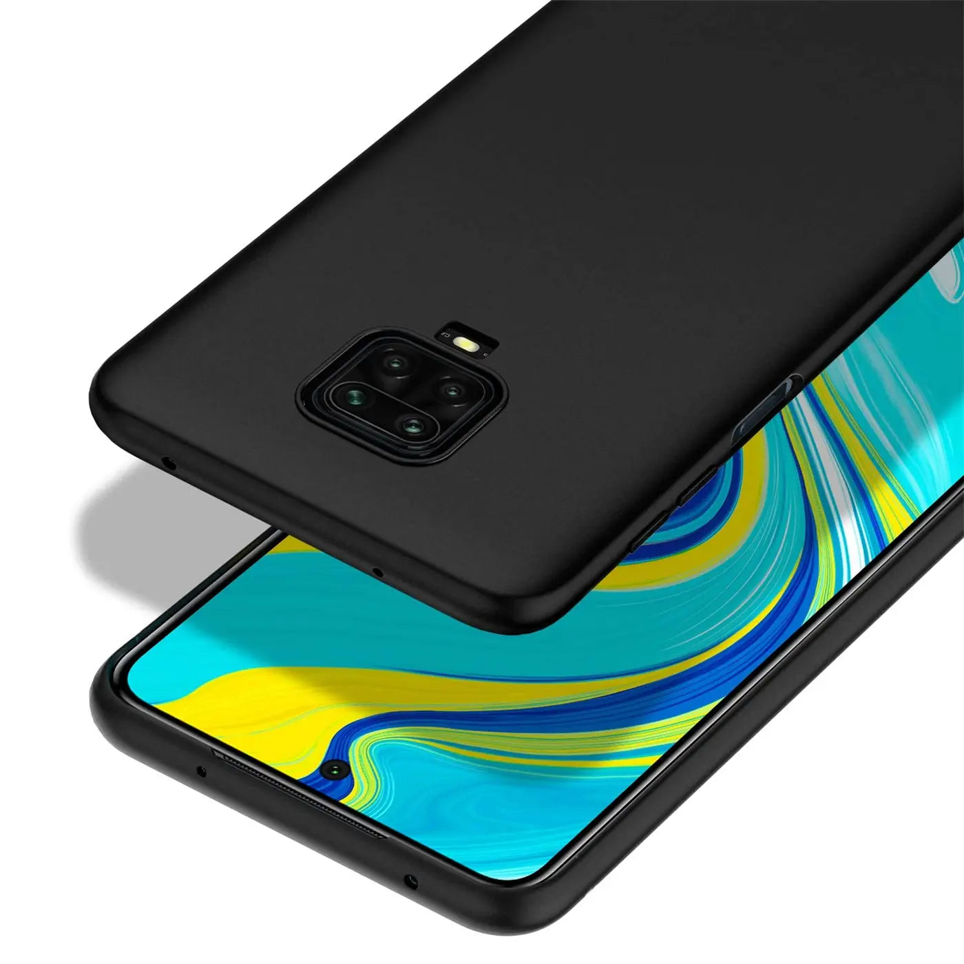 Schwarze Silikonhülle, matt, von oben, auf Xiaomi Redmi Note 9 Pro/9S