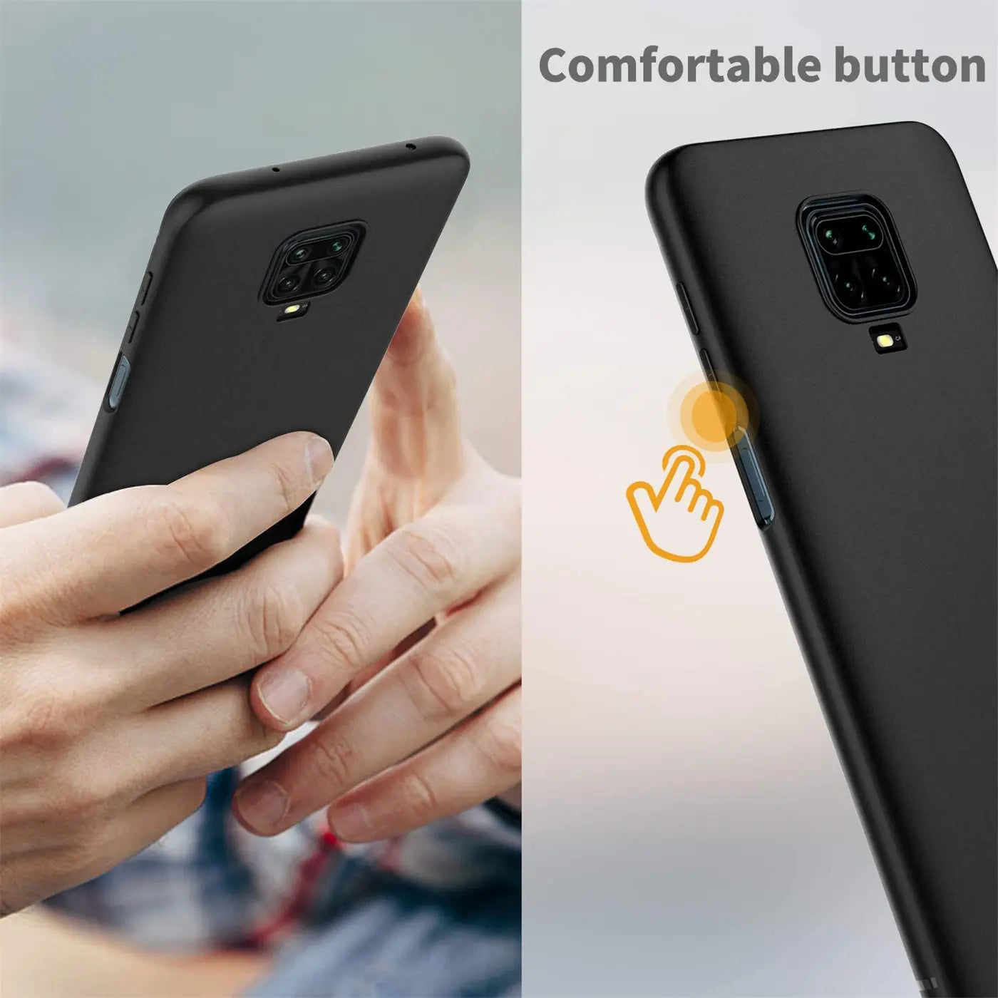 Schwarze Silikonhülle an Xiaomi Redmi Note 9 Pro/9S, Seitenansicht, Nahaufnahme.