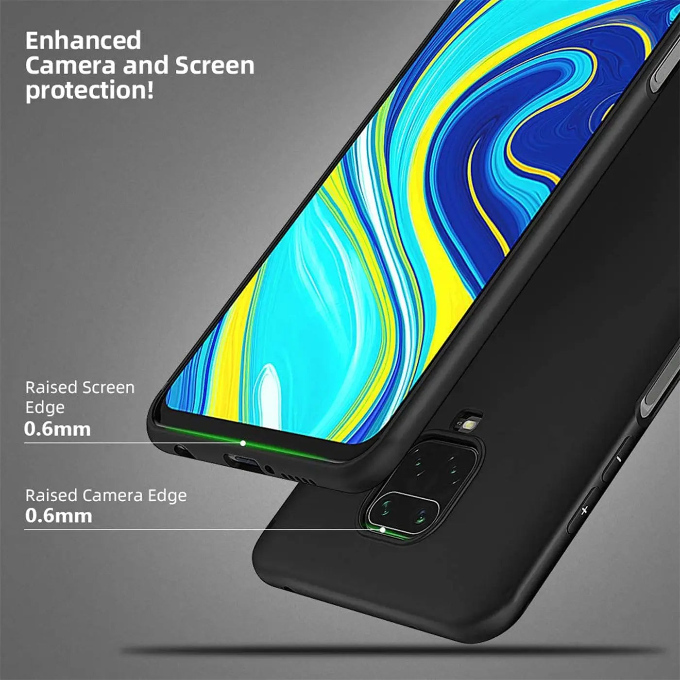 Schwarze Silikonhülle für Xiaomi Redmi Note 9 Pro/9S, von schräg oben.