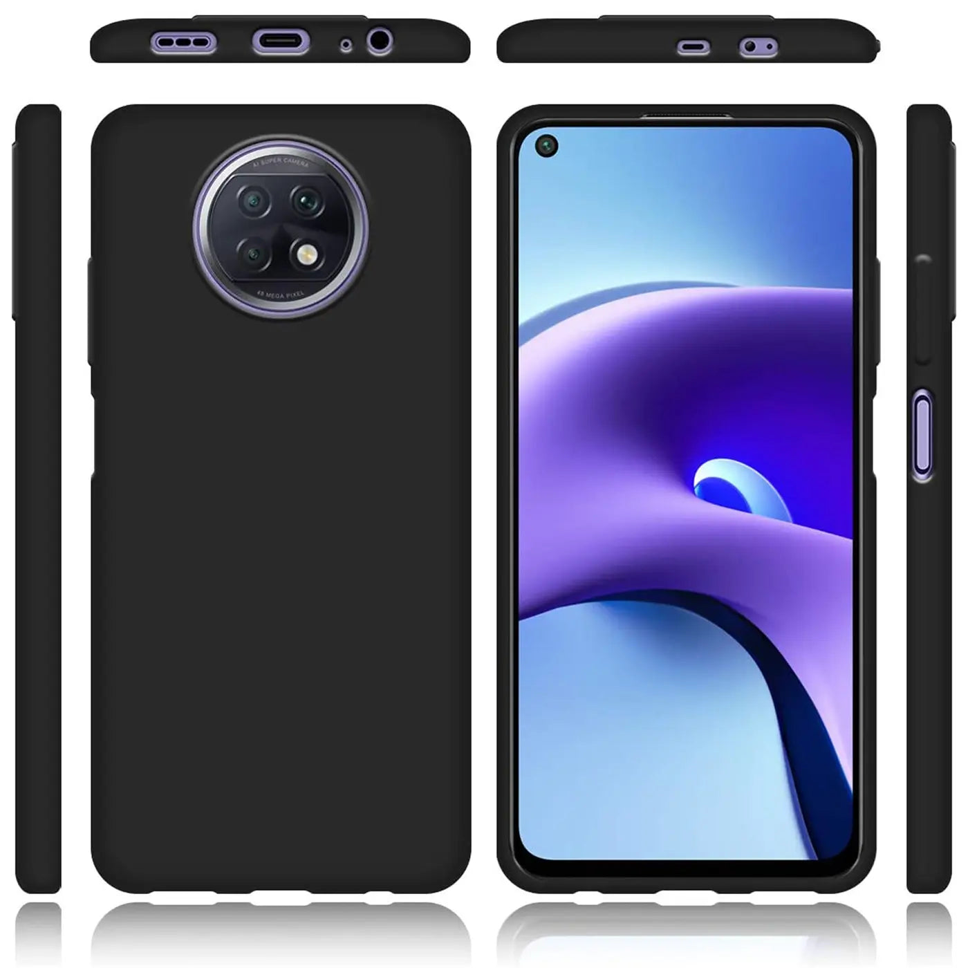 Schwarze matte Silikonhülle für Xiaomi Redmi Note 9T, Rückseite, Vorderseite, Seitenansicht
