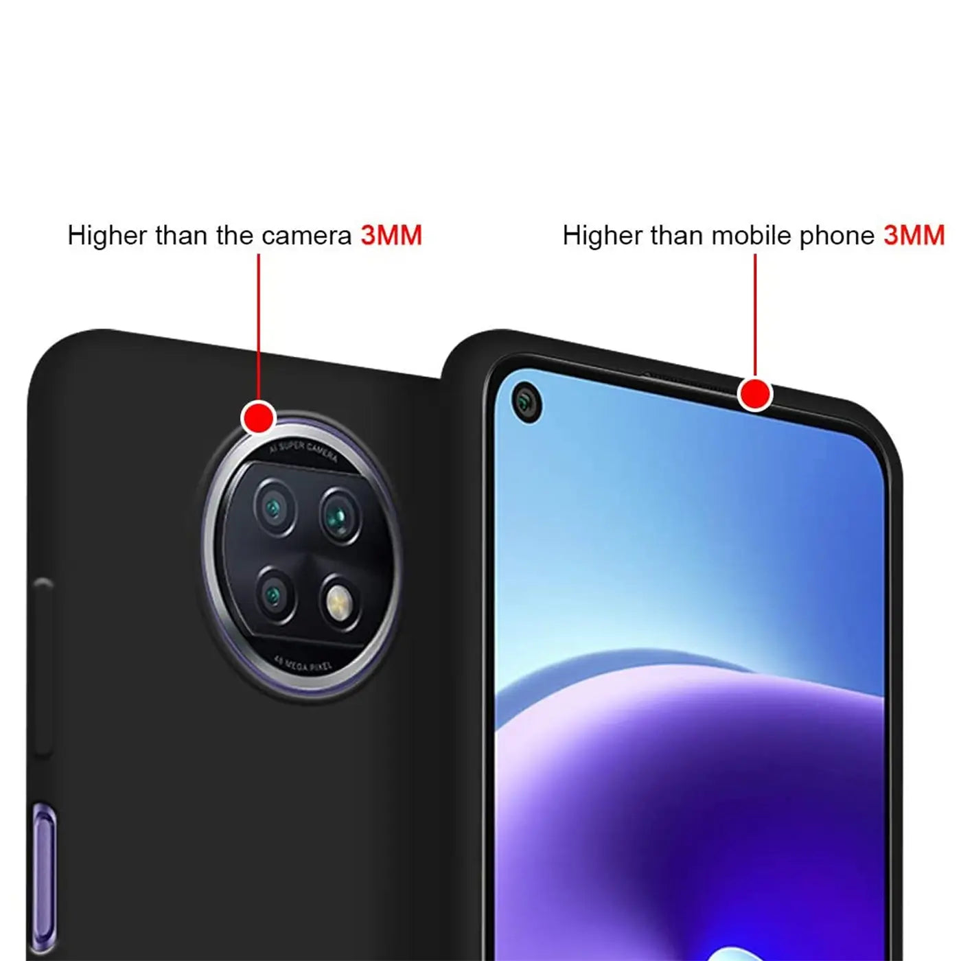 Schwarze Silikonhülle für Xiaomi Redmi Note 9T, Rückseite und Vorderseite, Nahaufnahme