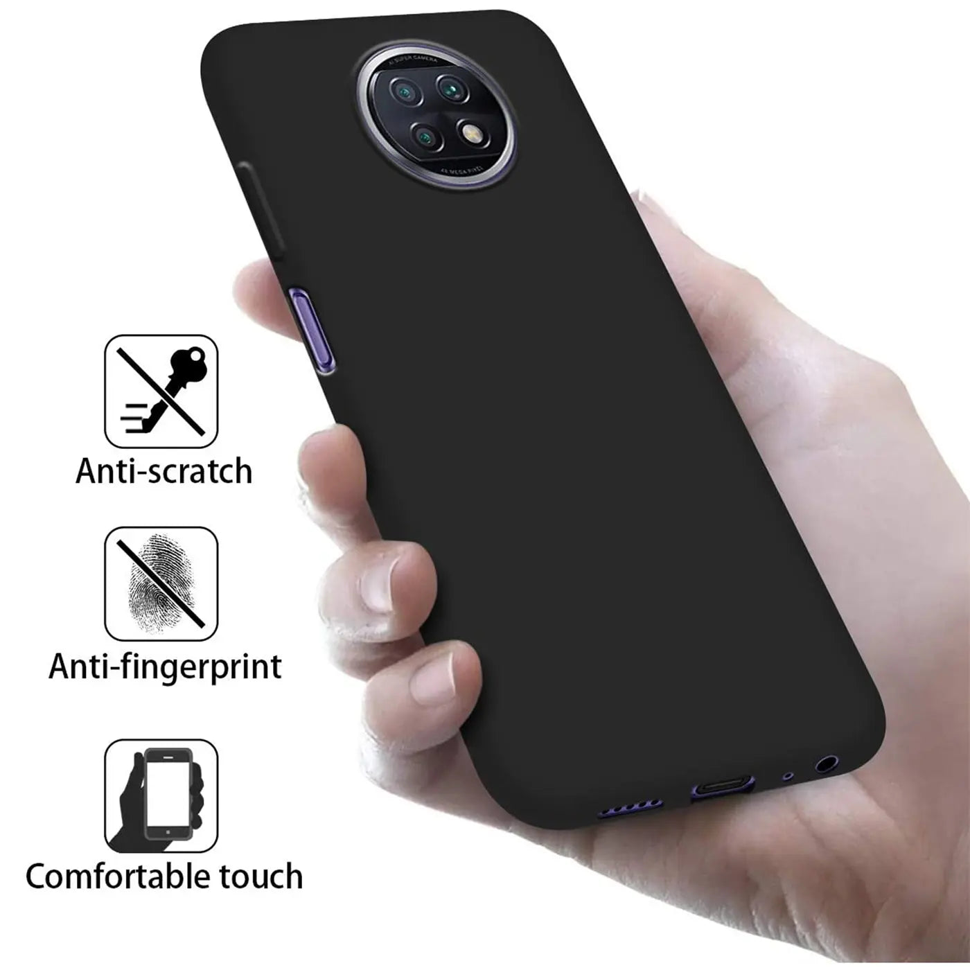 Schwarze Silikonhülle matt, von Hand gehalten, Rückseite mit Kamera-Modul, Xiaomi Redmi Note 9T.