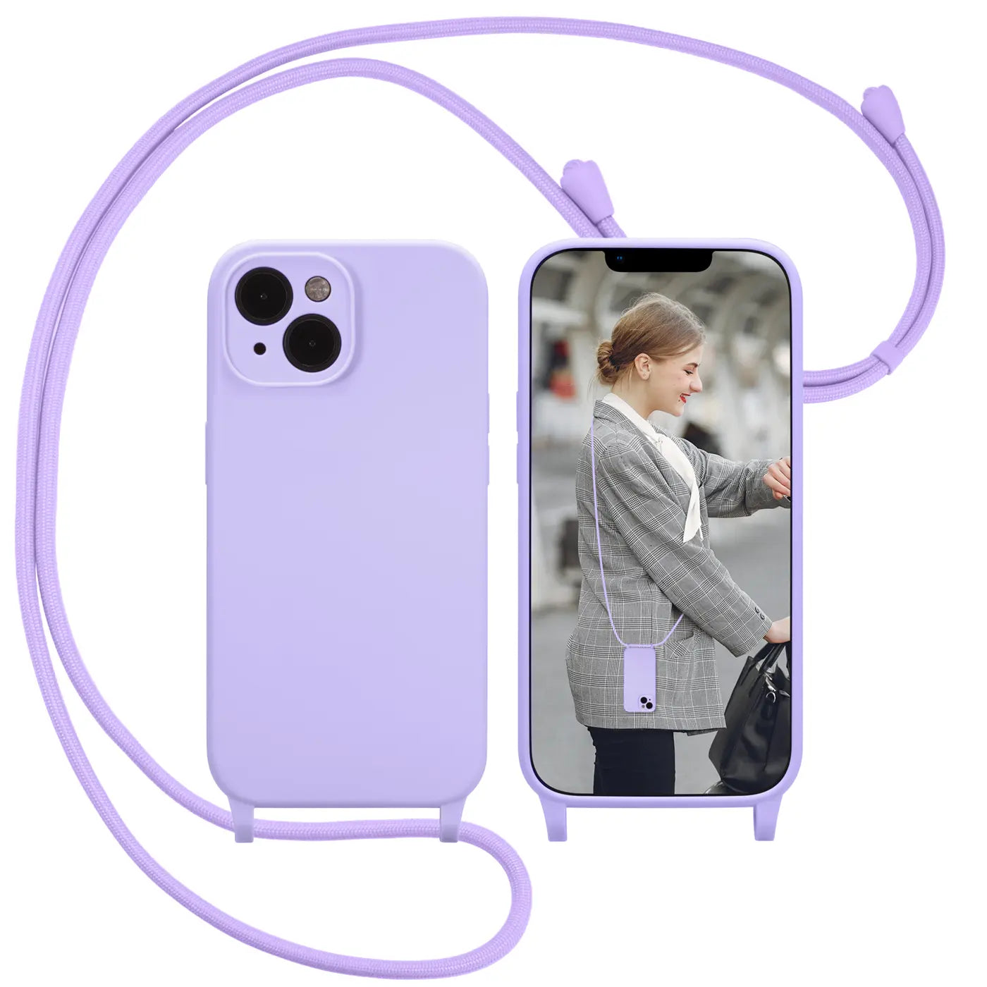 Lila Silikon-Handyhülle mit Kameraschutz und Umhängeband, Vorder- und Rückansicht, iPhone 11.