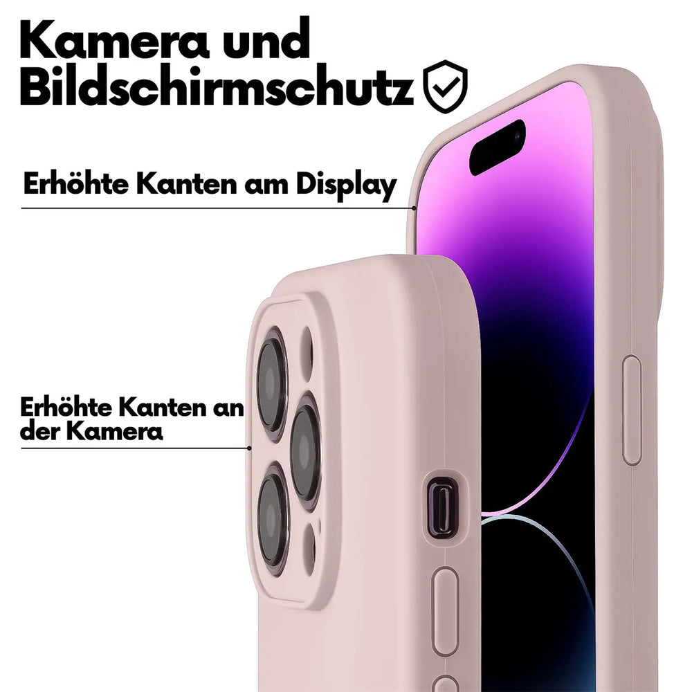 Rosa Hülle aus Silikon für iPhone 11 Pro, Seitenansicht, Nahaufnahme der Kamera und des Displays.