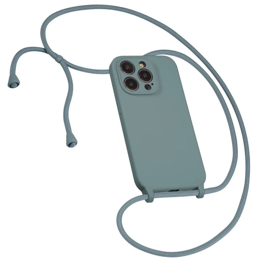 Graue Silikonhülle mit Kameraschutz für iPhone 11 Pro, schräg von oben fotografiert.