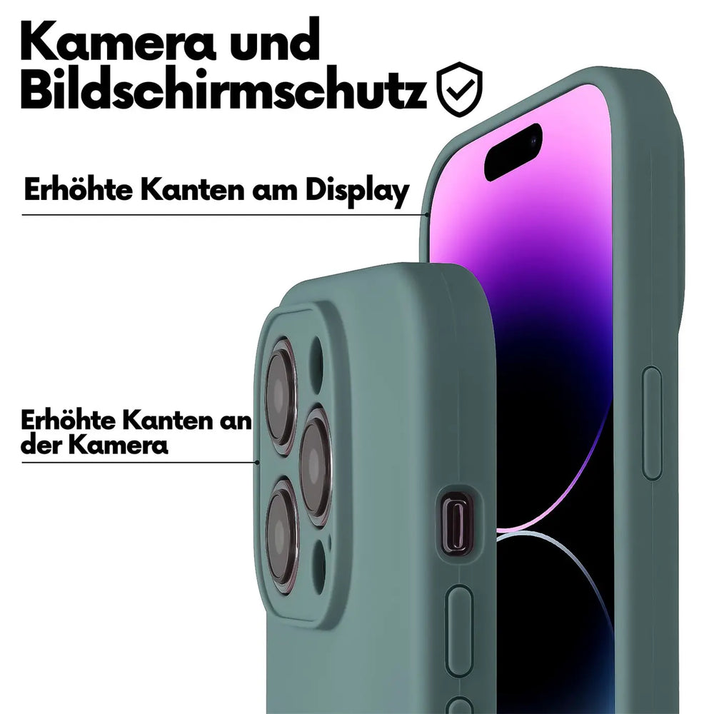 Grüne Handyhülle aus Silikon mit Kameraschutz, zeigt iPhone 11 Pro von hinten und vorne.