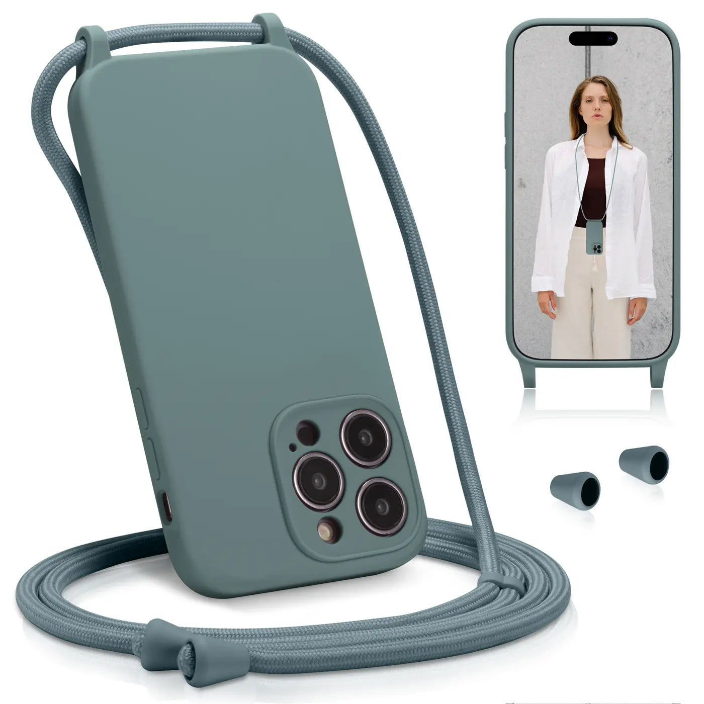 Grüne Silikonhülle mit Kordel für iPhone 11 Pro Max, Kameraschutz, Draufsicht.