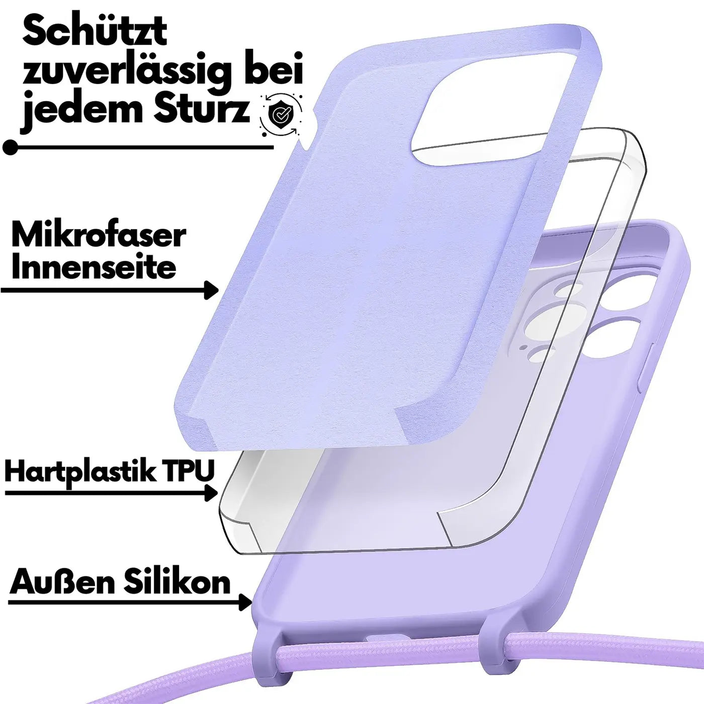 Explodierte Ansicht einer lila Silikonhülle mit Mikrofaser-Innenseite und Hartplastik-TPU für iPhone 11 Pro Max.