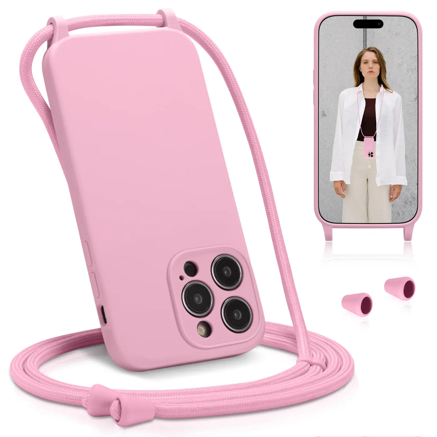 Rosa Silikonhülle mit Kordel für iPhone 11 Pro, Kameraschutz, Seitenansicht.