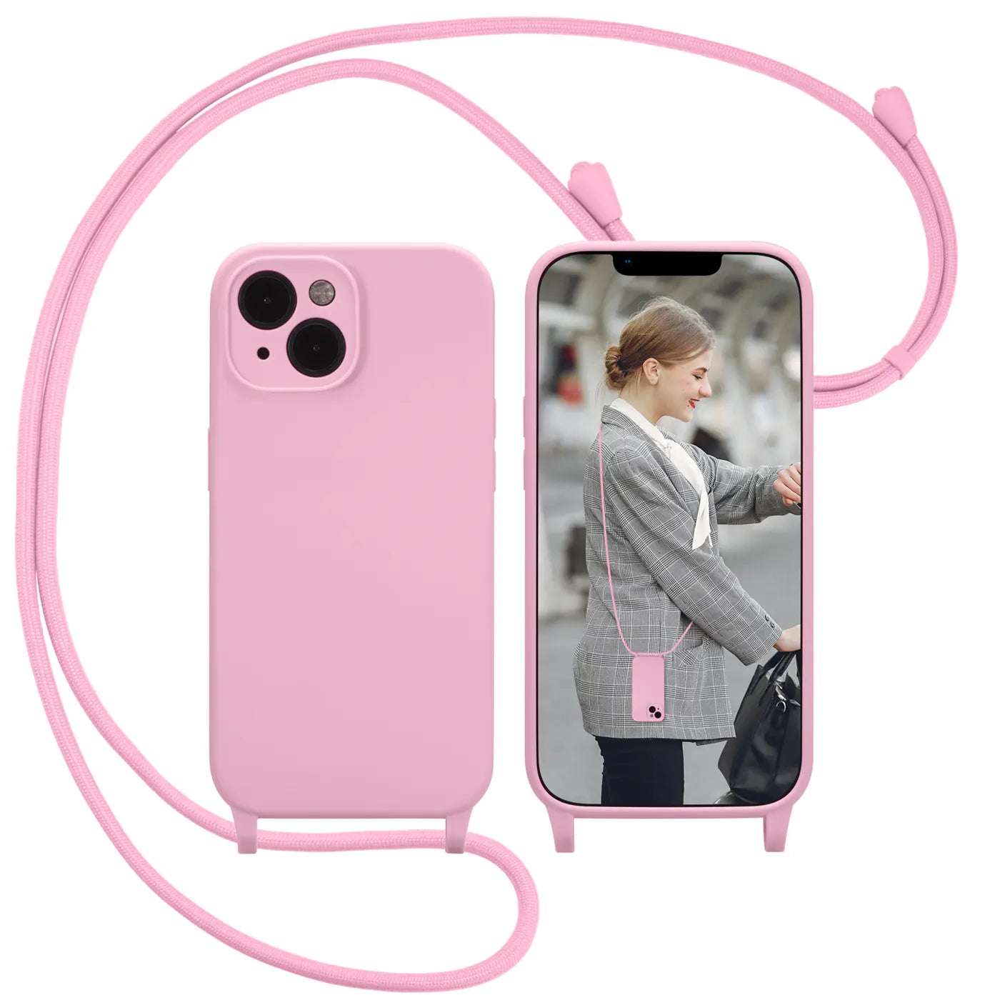 Rosa Handyhülle aus Silikon mit Kameraschutz und Band für iPhone 11, Vorder- und Rückansicht.