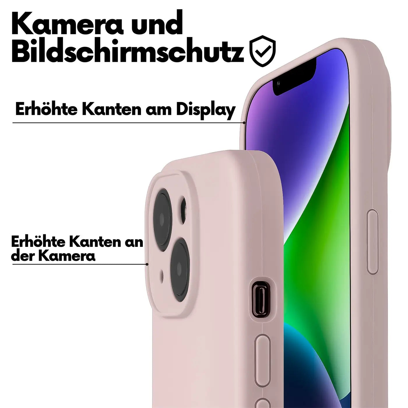 Rosa Hülle aus Silikon für iPhone 12, Nahaufnahme, Seitenansicht, mit Kameraschutz.
