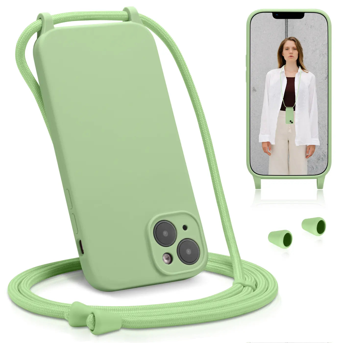 Grüne Silikonhülle mit Kordel für iPhone 12, von vorne/oben, mit Kameraschutz.