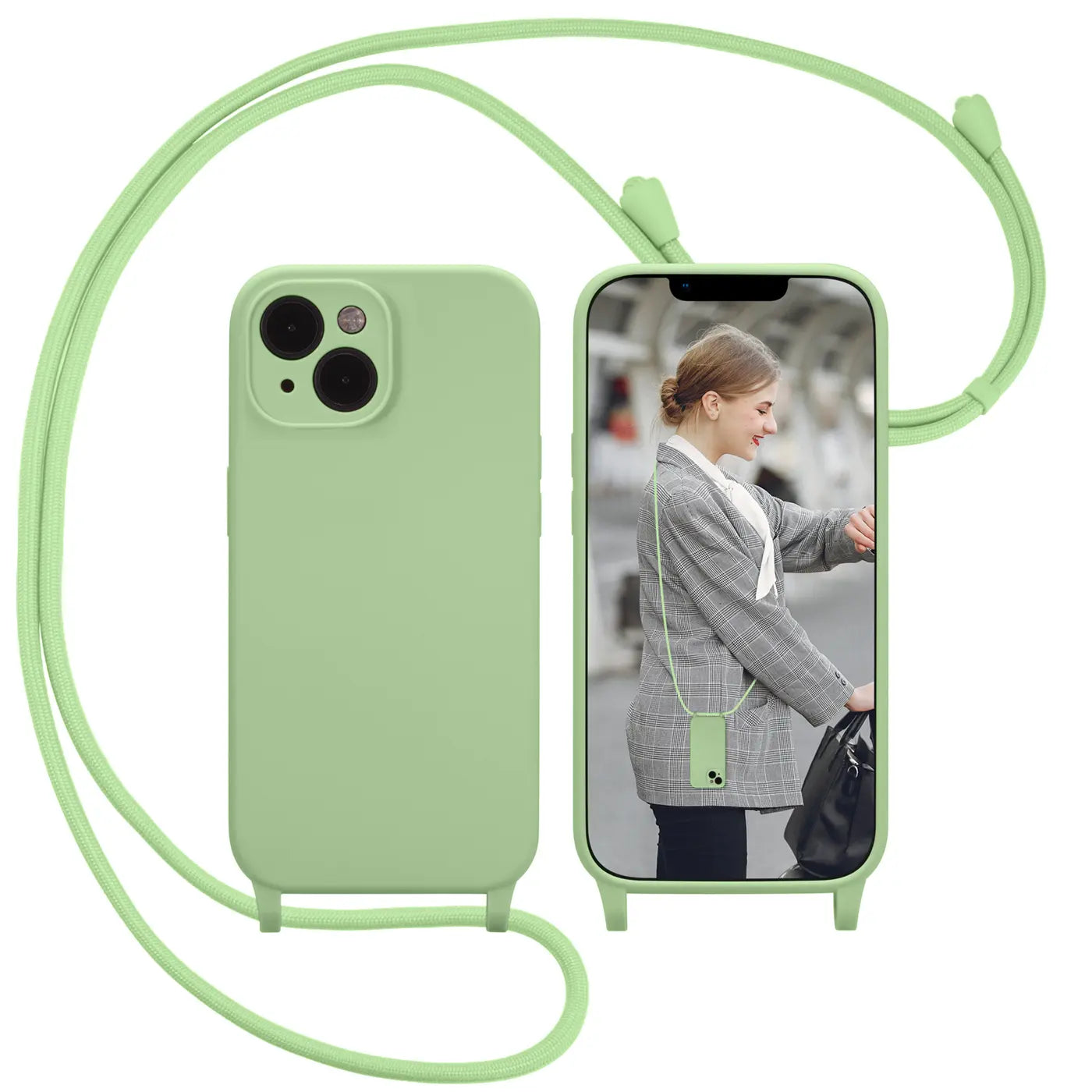 Grüne Silikon-Handyhülle mit Kameraschutz und Band für iPhone 12, Draufsicht.