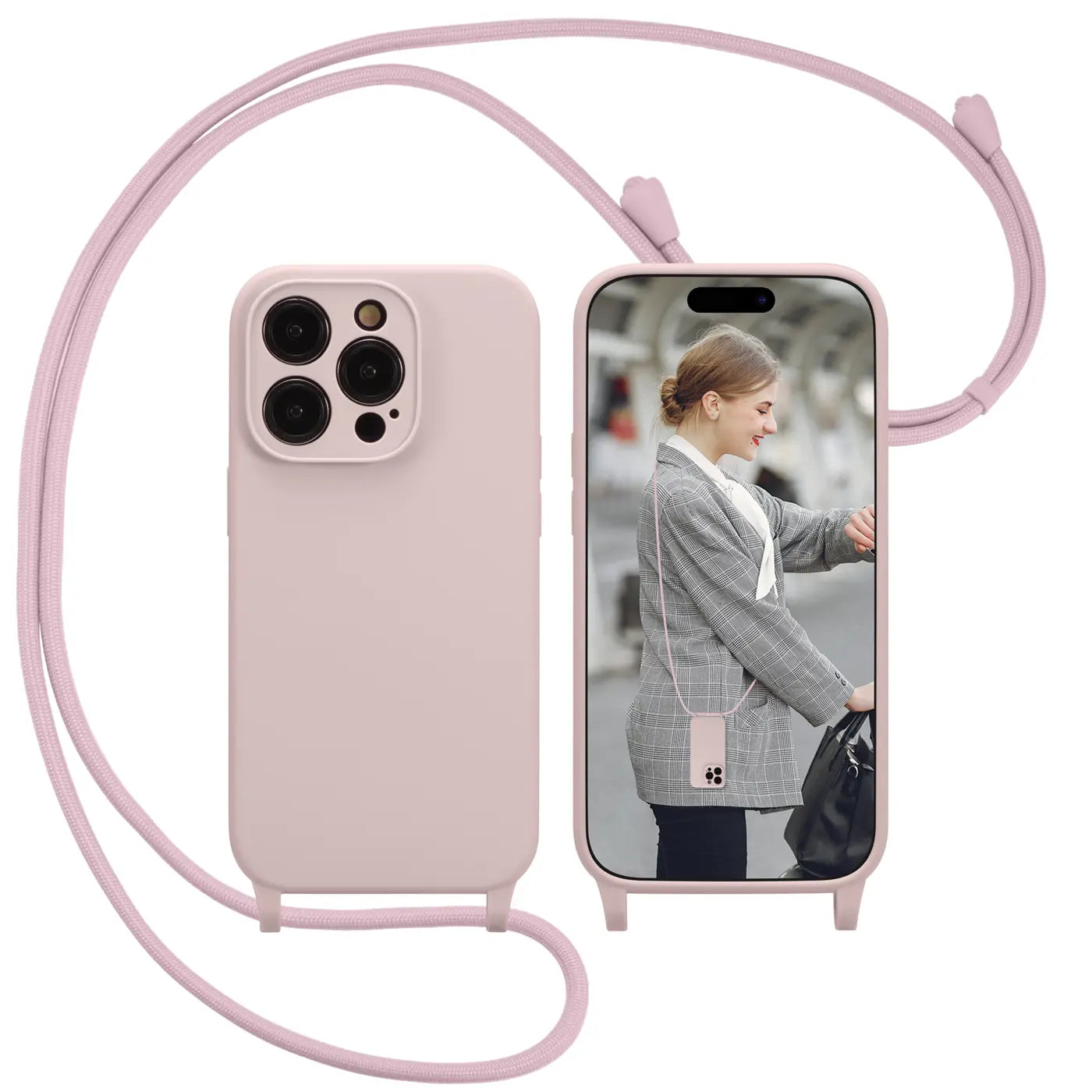 Rosa Silikonhülle mit Kordel für iPhone 12 Pro, Kameraschutz, Vorder- und Rückansicht.