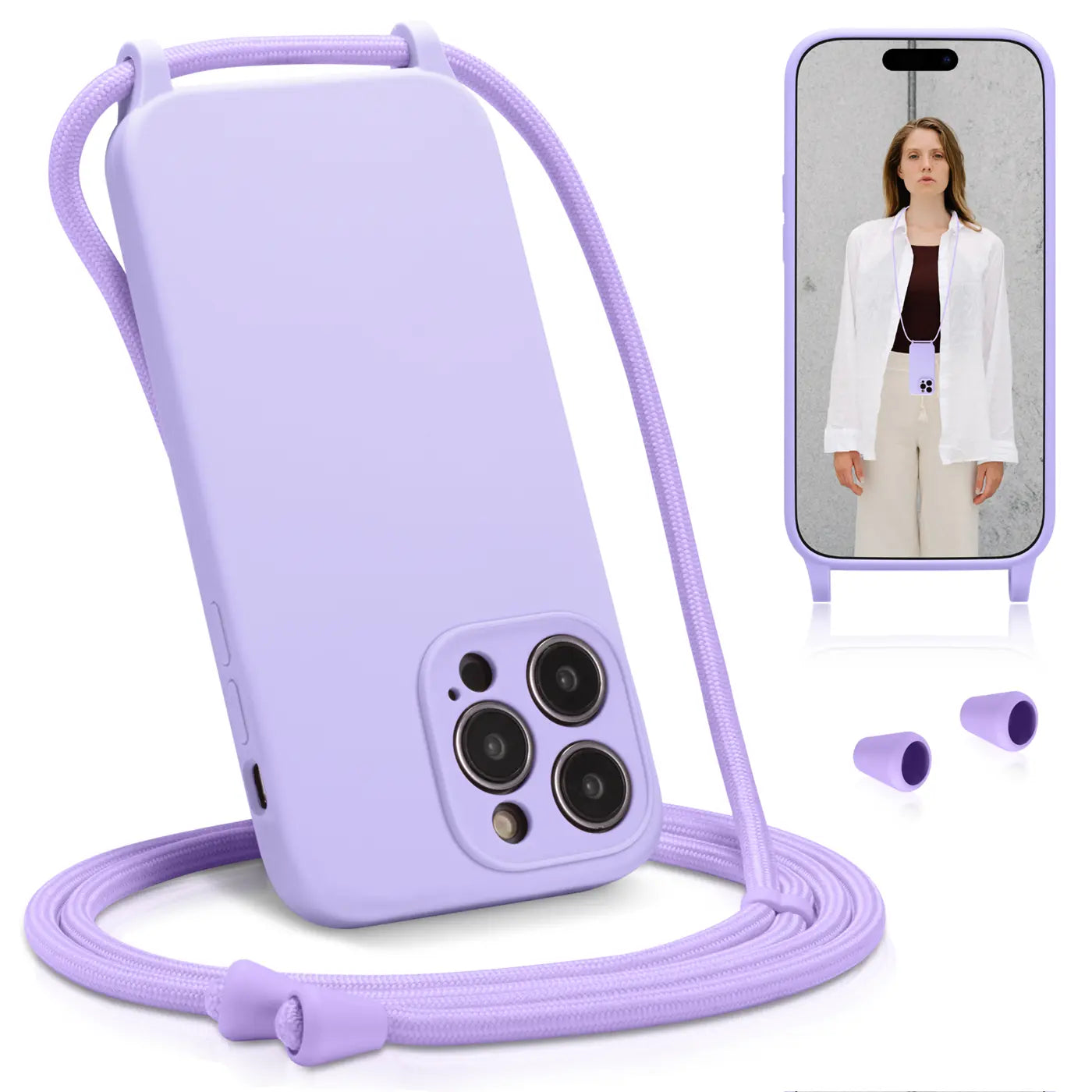 Lila Handyhülle aus Silikon mit Kameraschutz und Band für iPhone 12 Pro Max.