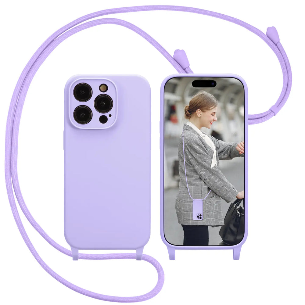 Lila Silikonhülle mit Kameraschutz und Band für iPhone 12 Pro Max, Vorder- und Rückansicht.