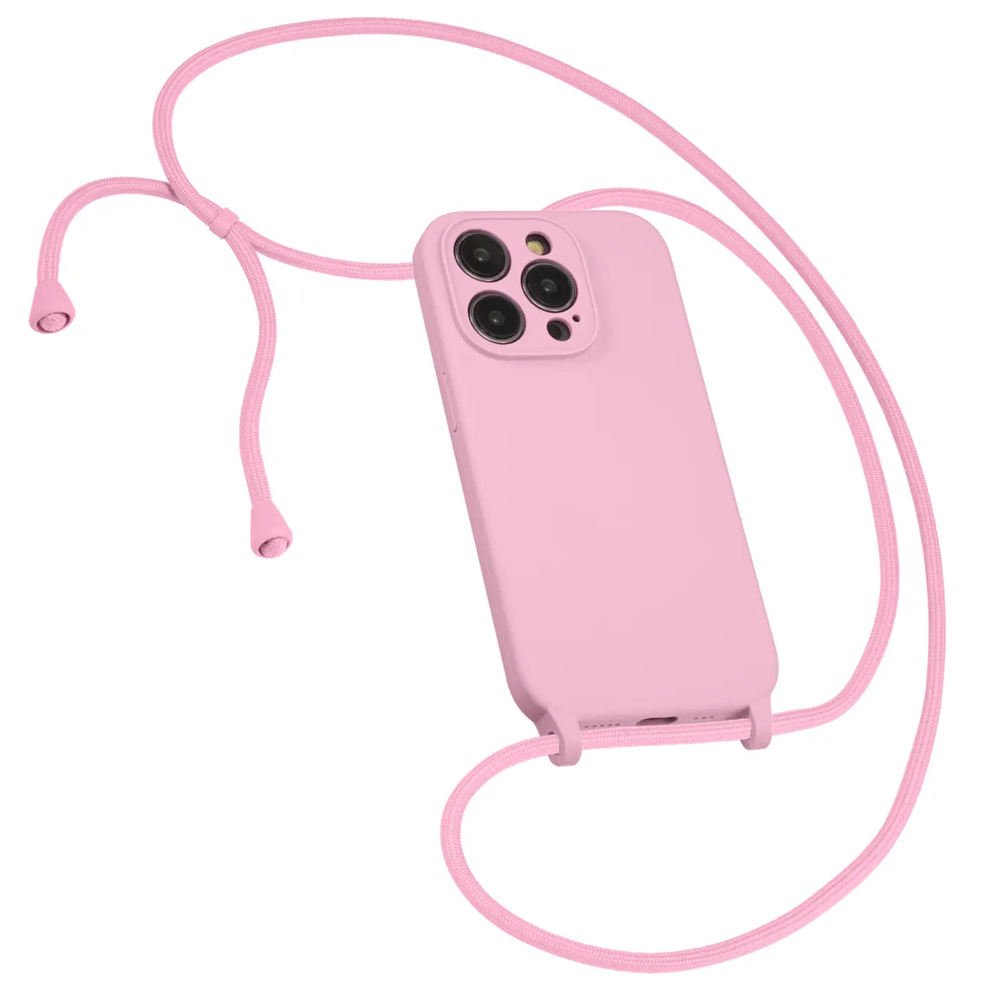 Rosa Silikonhülle mit Kameraschutz für iPhone 12 Pro, von oben schräg fotografiert.