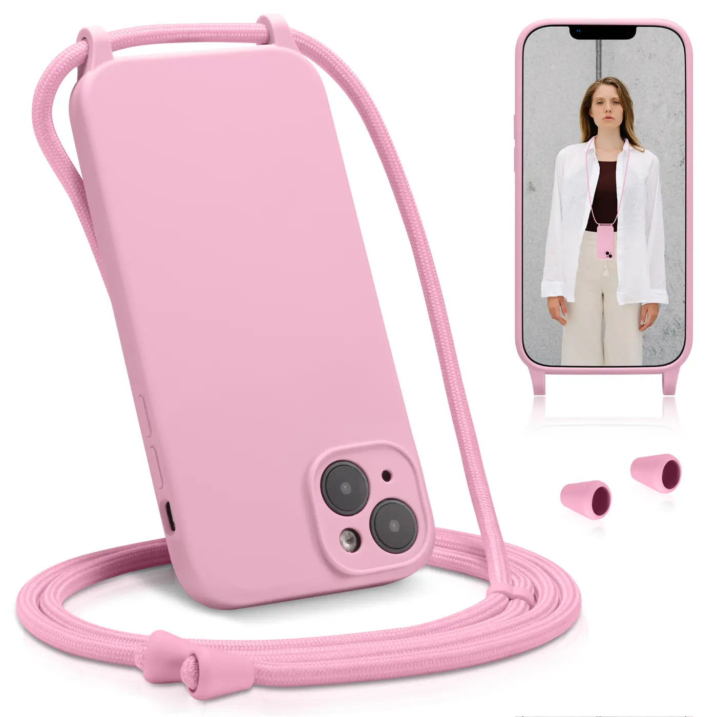 Rosa Silikonhülle mit Kordel und Kameraschutz für iPhone 12, Seitenansicht.