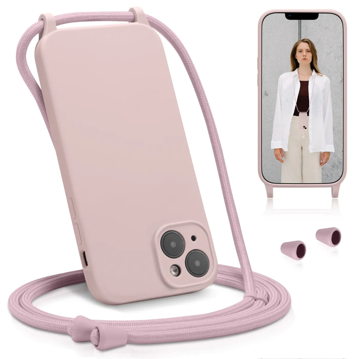 Rosa Handyhülle aus Silikon mit Kameraschutz und Band, iPhone 13, von vorne.