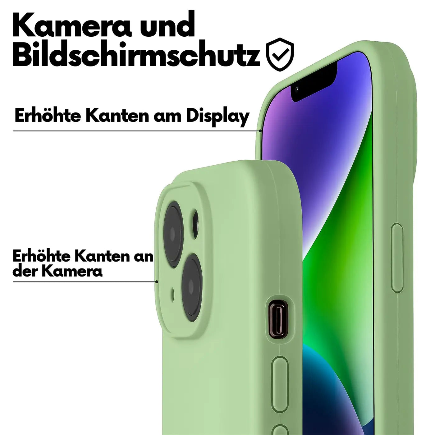 Hellgrüne Silikonhülle für iPhone 13, Nahaufnahme, Rückseite und Seite mit Kamera.