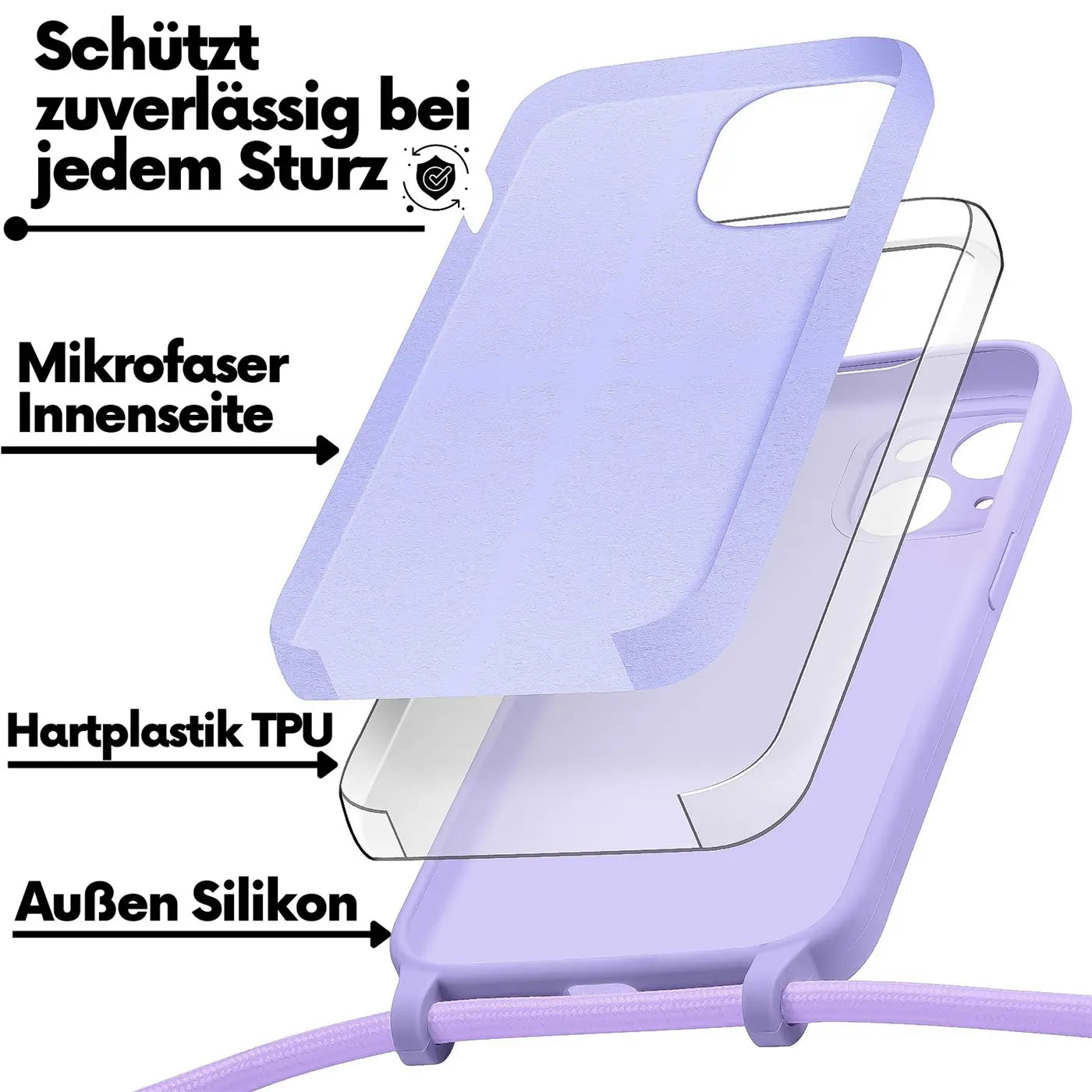 Explodierte Ansicht einer lila iPhone 13 Hülle aus Silikon, TPU, Mikrofaser.