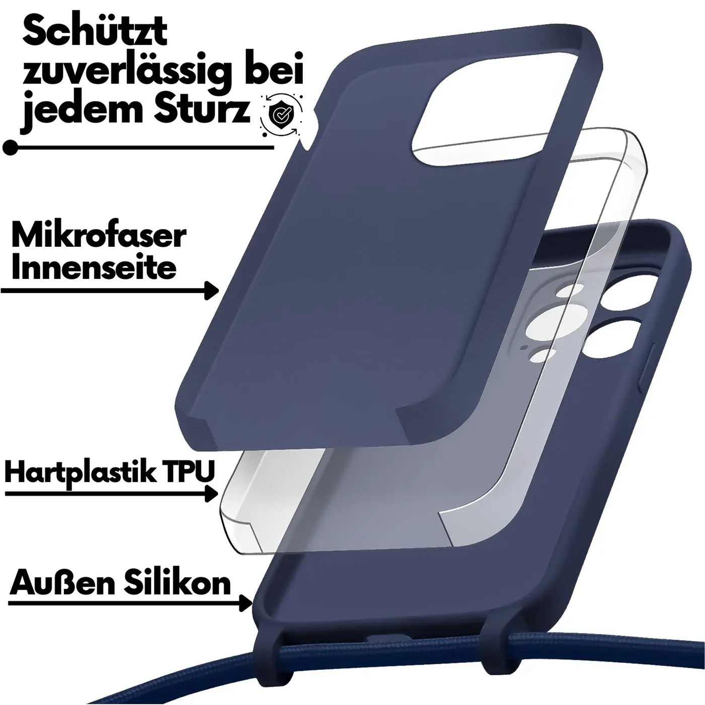 Dunkelblaue Silikonhülle mit Mikrofaser-Innenseite, TPU-Schicht. iPhone 13 Pro.