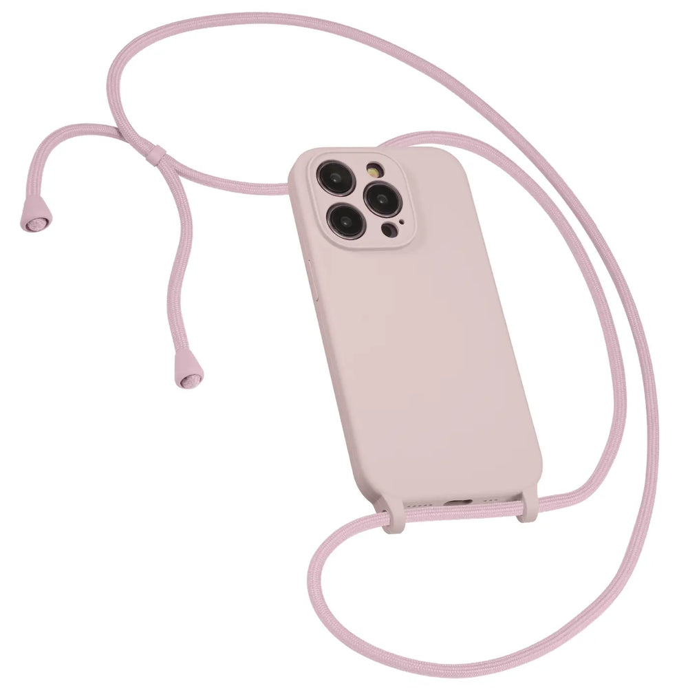 Helles Rosa Silikonhülle mit Kameraschutz für iPhone 13 Pro, von oben schräg