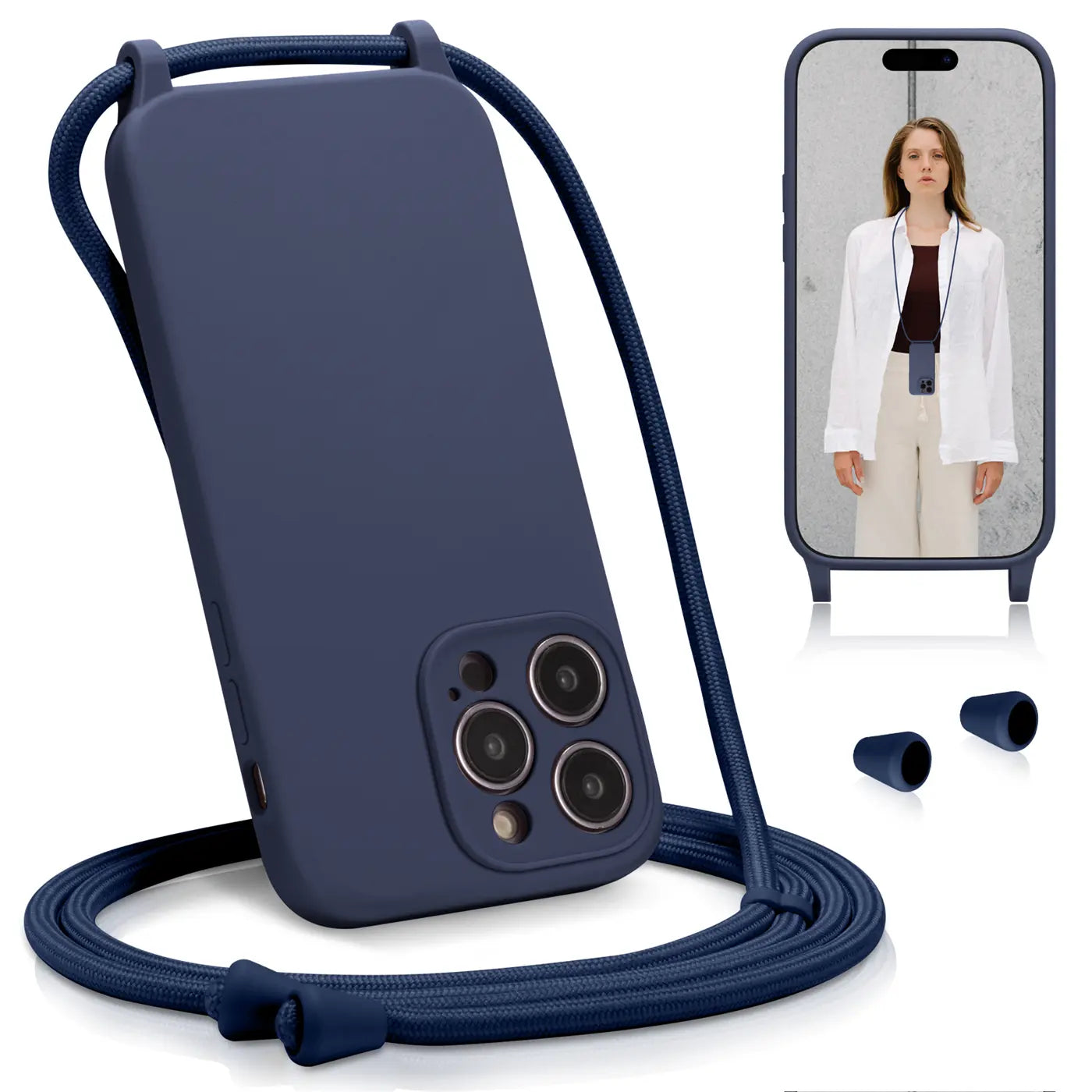 Dunkelblaue Handyhülle aus Silikon mit Kameraschutz und Umhängeband für iPhone 13 Pro Max.