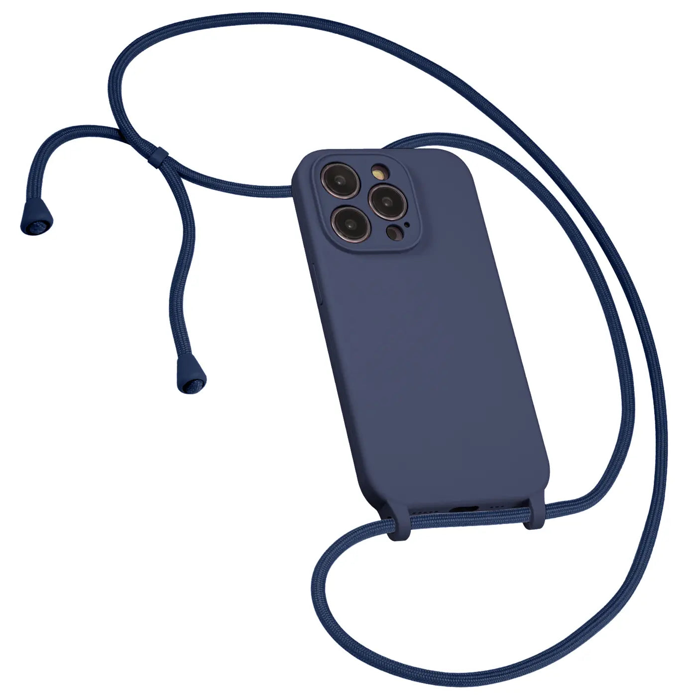 Dunkelblaues iPhone 13 Pro Max Case aus Silikon mit Kameraschutz und Umhängeband, von oben schräg fotografiert.